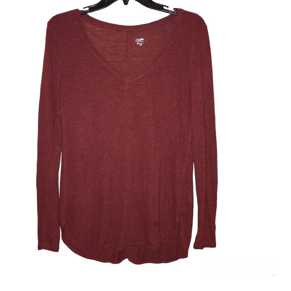 Mossimo V Neck Linen long Sleeve Shirt Burgundy Maroon Red Small